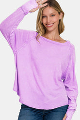 Zenana Round Neck Thumbhole Long Sleeve T-Shirt Lavender OutfitFlow